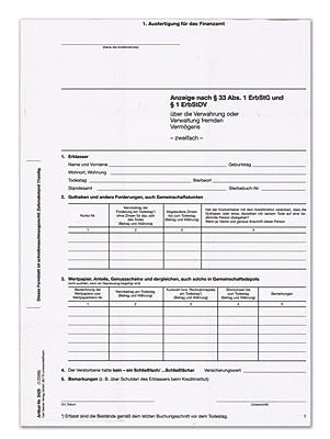 Erbschaftsanzeige nach § 33 Abs. 1 ErbStG und § 1 ErbStDV