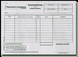 Scheck-Einlieferung für die Auslands-Abteilung