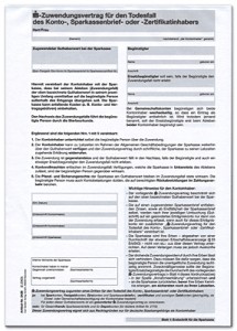 Zuwendungsvertrag für den Todesfall des Konto-, Sparkassenbrief- oder -Zertifikatinhabers (4-fach)
