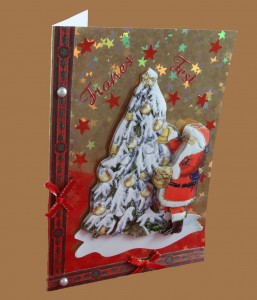Weihnachtskarte mit Christbaum und Weihnachtsmann